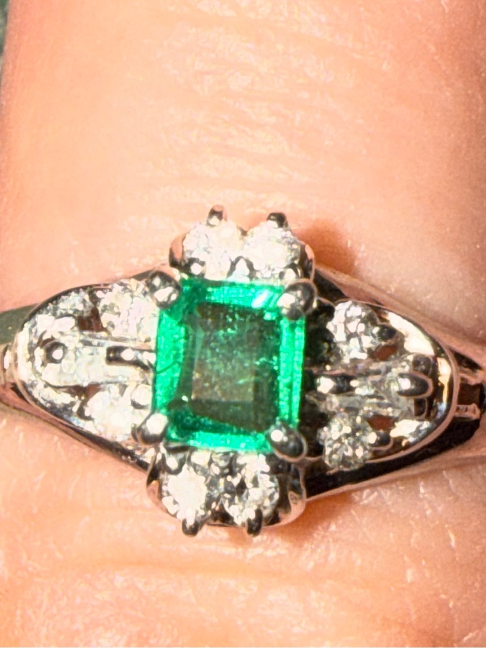 Authentic Japanese Natural Emerald and Diamond Lotus Ring in Platinum W Cert